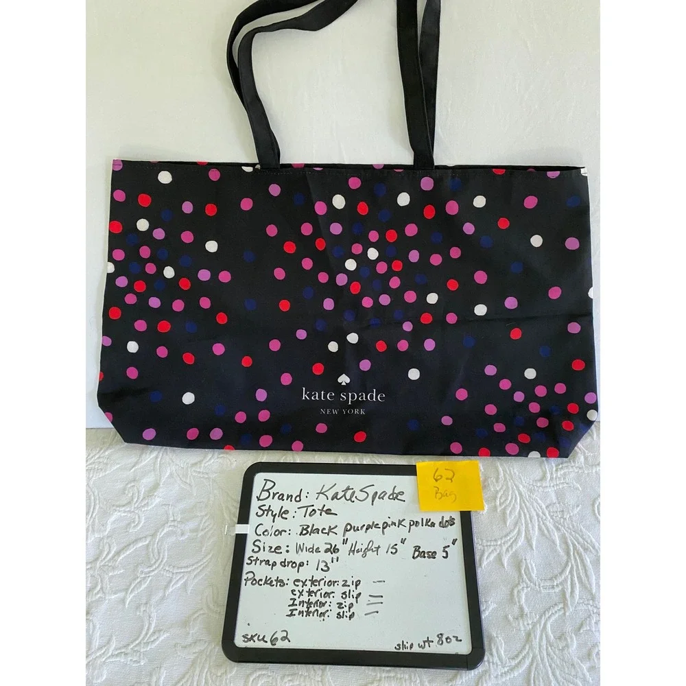 Kate Spade Black Polka Dot Tote Bag Large Nylon Travel Beach Shopper Carryall‎
